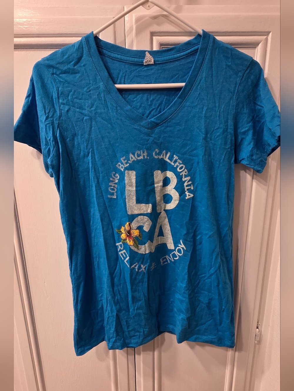 Milltex Women's Long Beach California Graphic V-Neck Tee - Blue ~ Size S No Tag